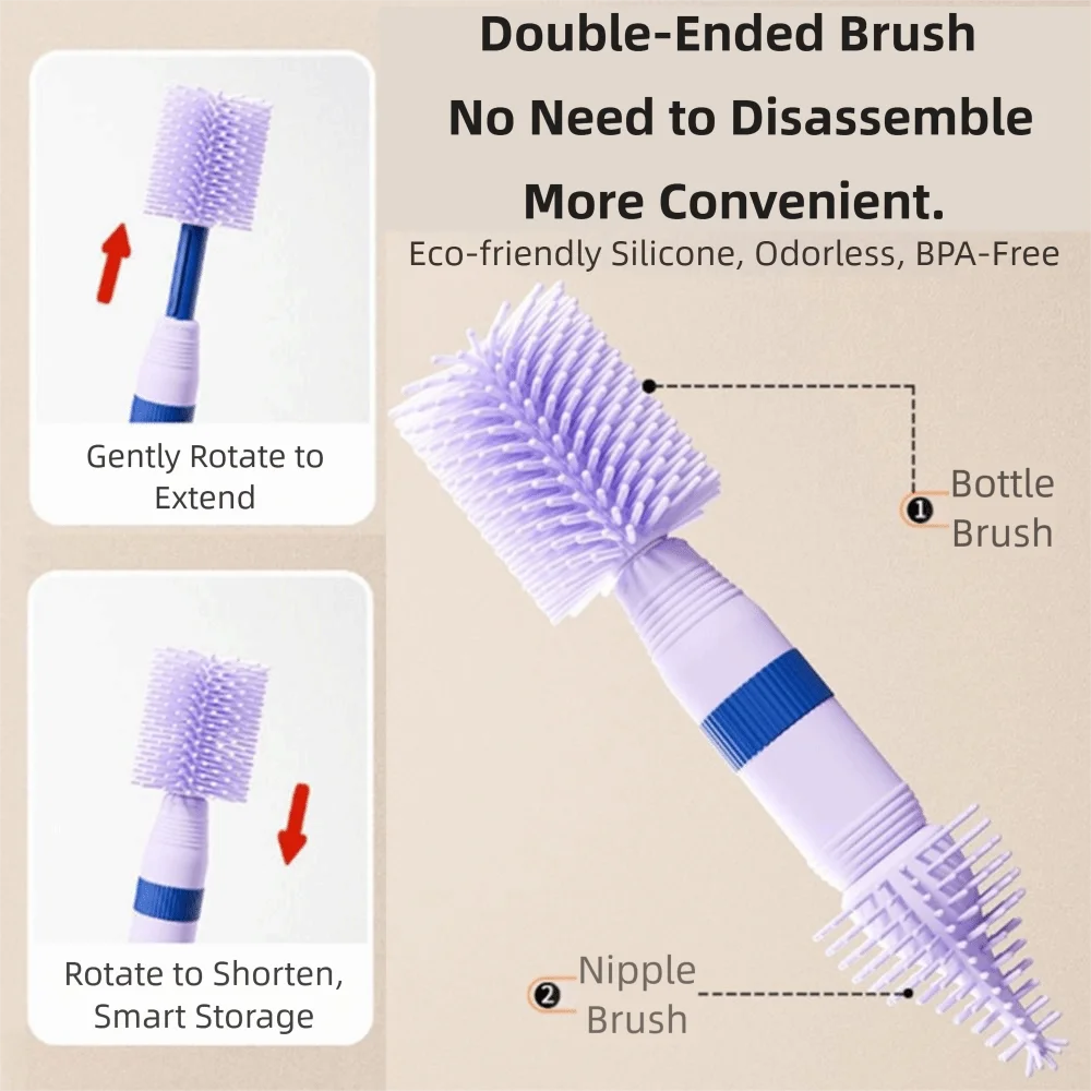 Portable Bottle Cleaning Brush Set Travel Size Soft Bristles Nipple Straw Cleaner Kit Long Handled BPA-Free Feeding Bottle Brush