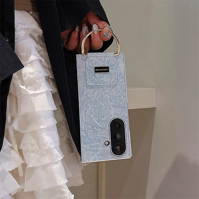 Fashion Denim Leather Phone Case For Samsung Galaxy Z Fold 7 6 5 4 3 Z Fold6 Fold7 Fold5 Cover with Ring Cute Cases Women Funda | Gaffar India