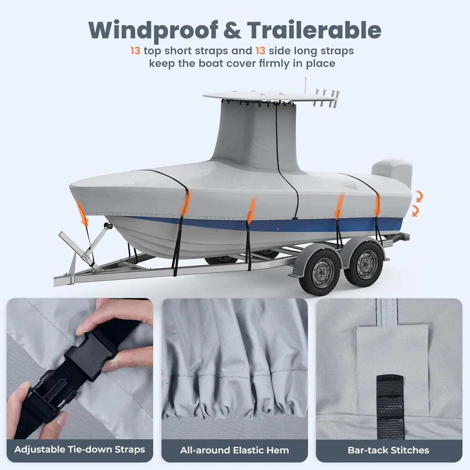 T-Top Boat Cover 100% Waterproof Heavy Duty Tear-Resistant Polyester with Motor Cover for Center