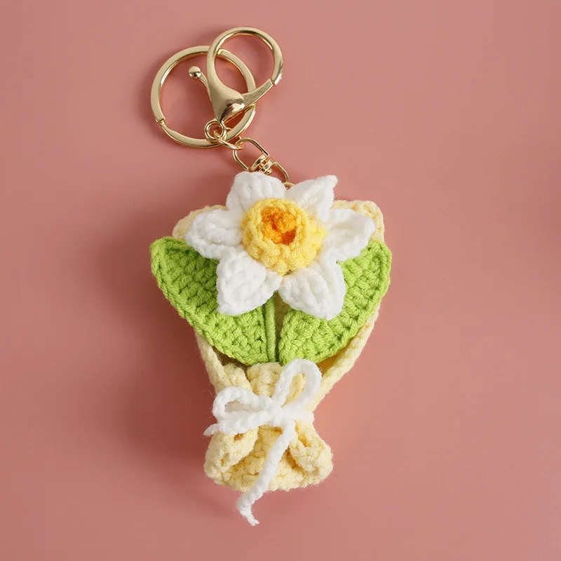 Neue gehäkelte Blumenstrauß Anhänger Sonnenblume Mini Blumenstrauß Schlüsselanhänger Strickblumen für Schlüsselanhänger Rucksack Dekor Schlüsselanhänger Frauen – Detail 7