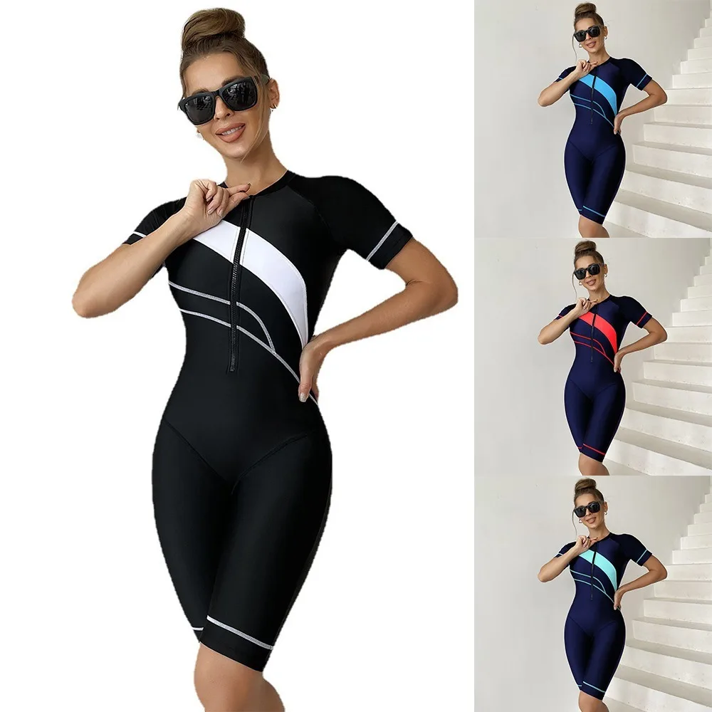 

Quick Dry One Piece Swimwear Soft with Zipper Lightweight Sports Bodysuit Half Sleeve Swimming Suit Women
