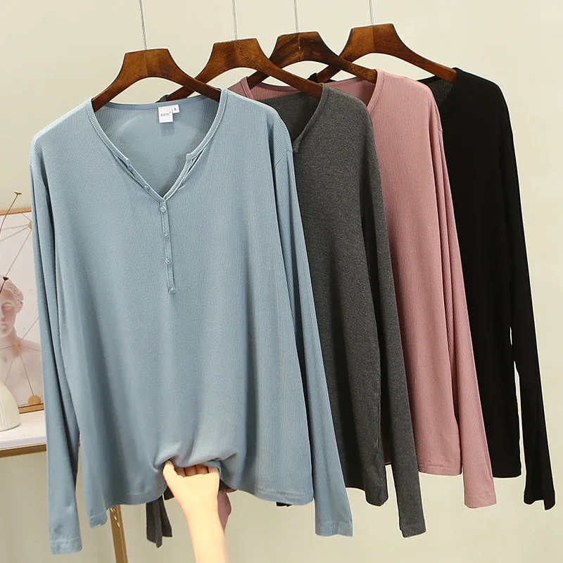 

Modal Thread Long Sleeve T-shirt Up Button V-neck Collar Loose Fitting Thin Versatile Ladies Top Casual Women Bottom T Shirt