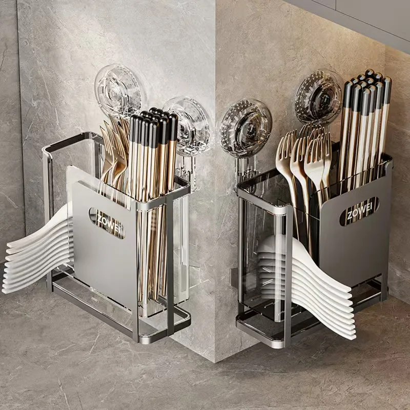 New Household Suction Cup Chopsticks Storage Basket Without Holes Hanging Wall Chopsticks and Spoons Storage Draining Stand