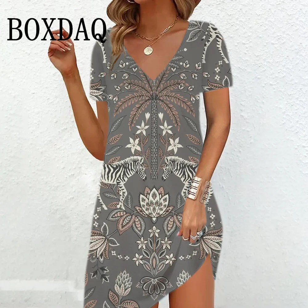 

Женское платье с коротким рукавом, V-образным вырезом и принтом зебры