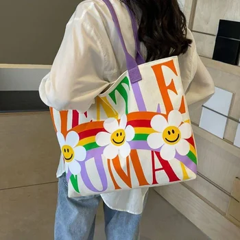 حقيبة حمل بطباعة زهور للنساء ، حقيبة يد قماشية حلوة كاواي ، حقيبة كتف بسعة كبيرة