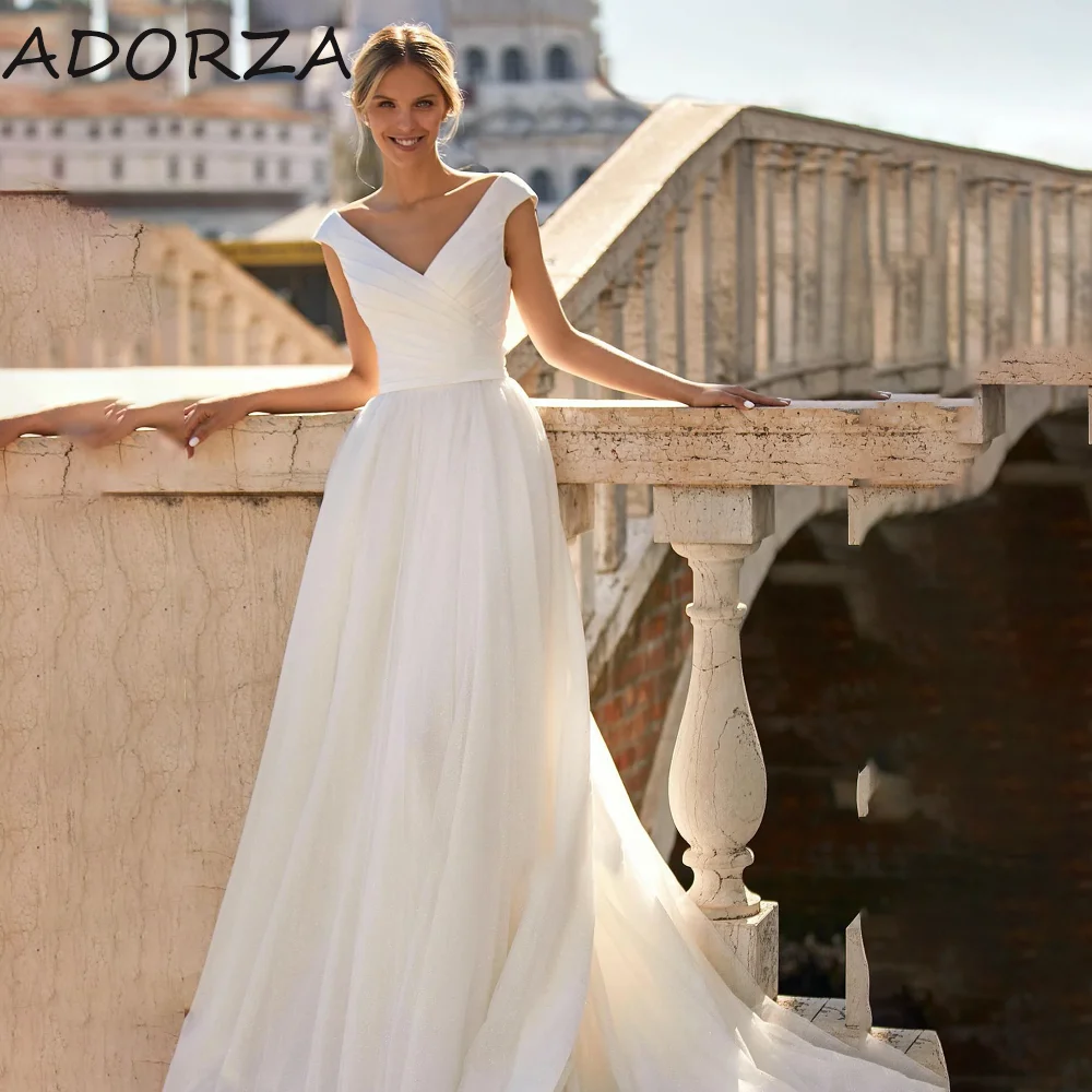 

Adorza A-line Wedding Dresses Simple Elegant V-Neck Off The Shoulder Zipper Up BackStyle Brush Train فستان حفلات الزفاف 2024