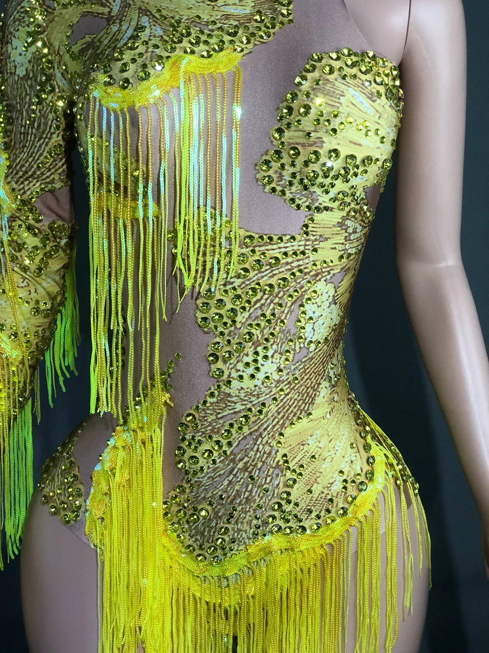 Sparkly Rhinestones Sequins Single Sleeve Bodysuit Singer Dancer Stage Wear Sexy Performance Dance Costume Party Birthday Outfit
