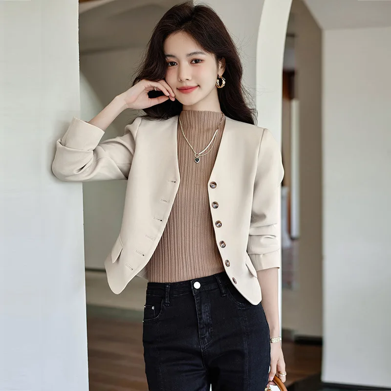 High quality blazer for women short jacket single breasted new spring 2024 elegant fashion clothes - black beige