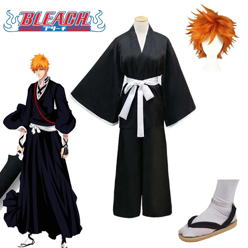 

Косплей-костюм для мужчин из аниме отбеливающий костюм Kurosaki ichigo, японское черное кимоно для взрослых на Хэллоуин, карнавал, полный костюм, парик, обувь, комплект с ремнем