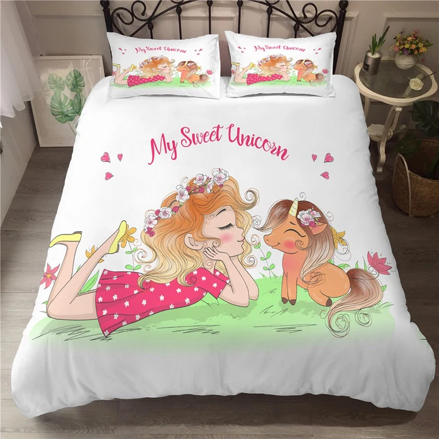Licorne ensemble de linge de lit pour enfants fille en rose