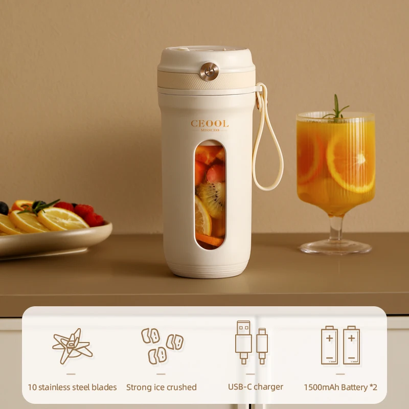 Mini Frullatore Spremiagrumi, Frullatore Portatile 2 modalità USB Ricaricabile 600 Ml 4000 MAh Batteria 18000 Giri/min per Campeggio (WHITE