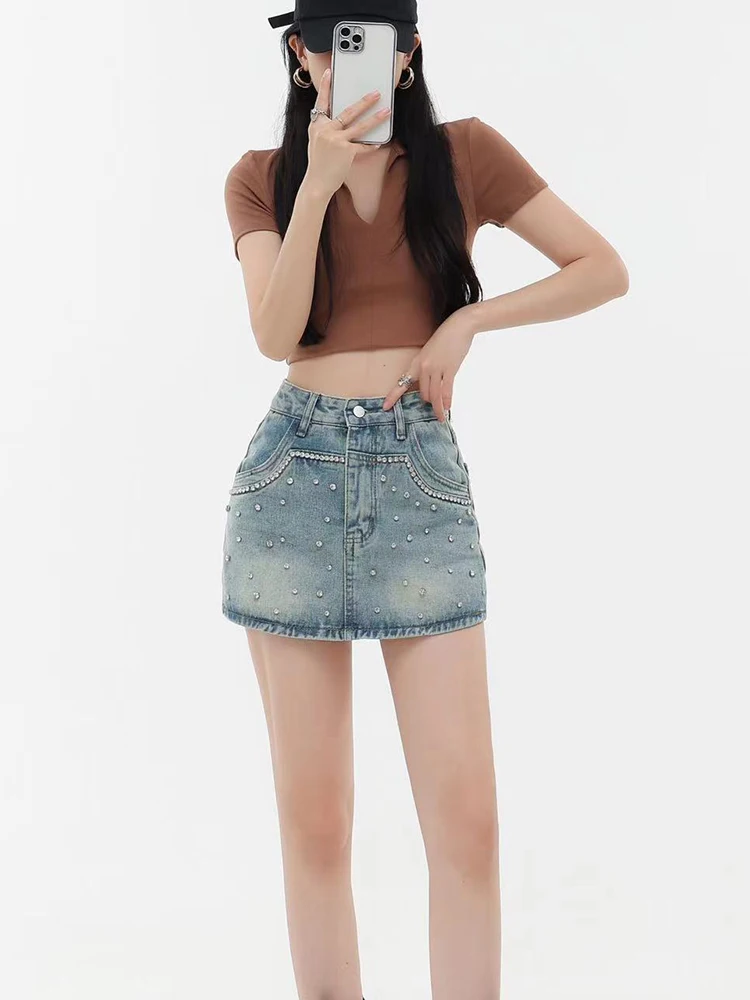 High Quality Chic Beading Shorts Skirts Hot Girls 2023 Summer New Vintage Sexy Zipper Pocket Denim Short Skirts Blue Jean Skirt