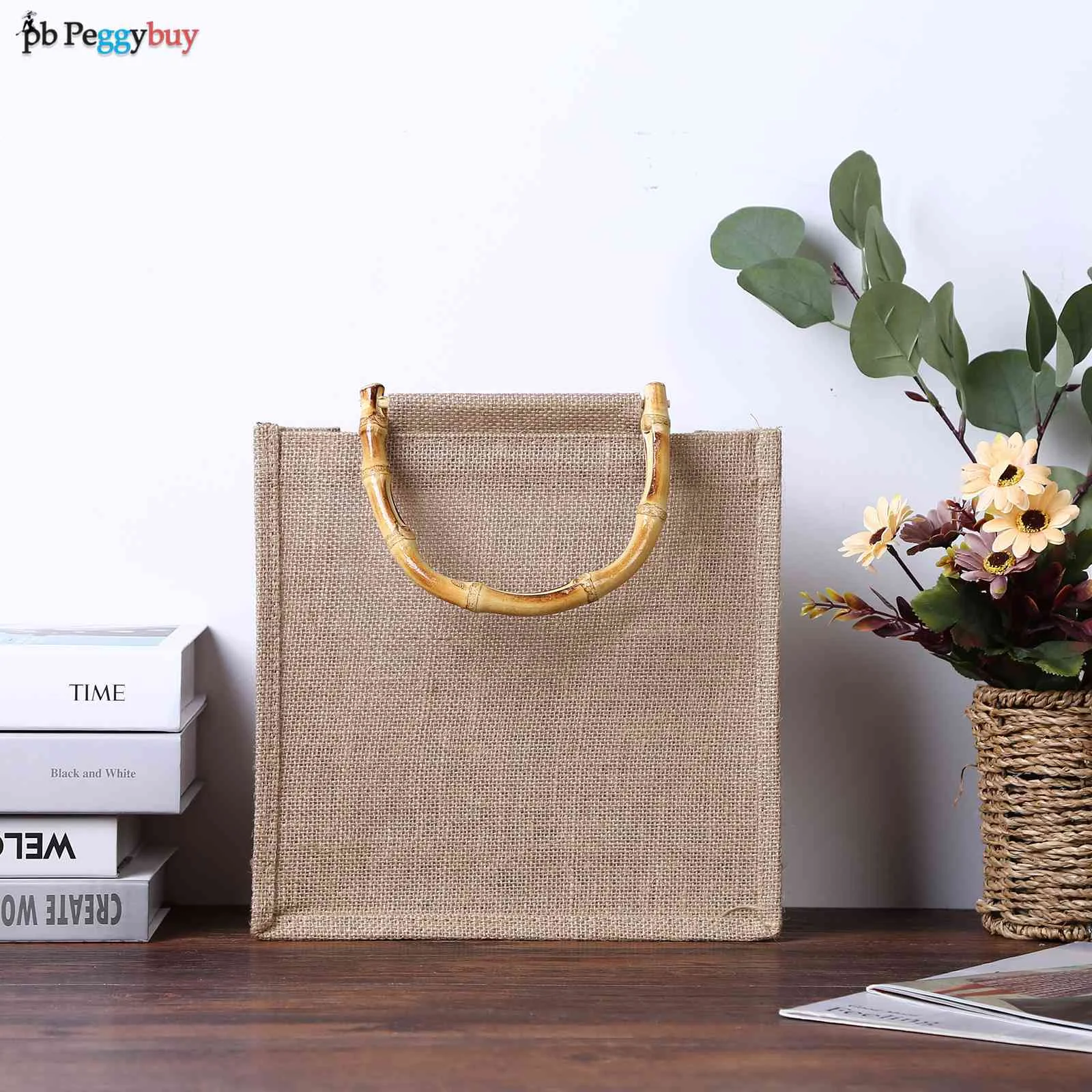 Burlap Tote Bags Handles Handle Jute Shopping Bags Bamboo Handbags