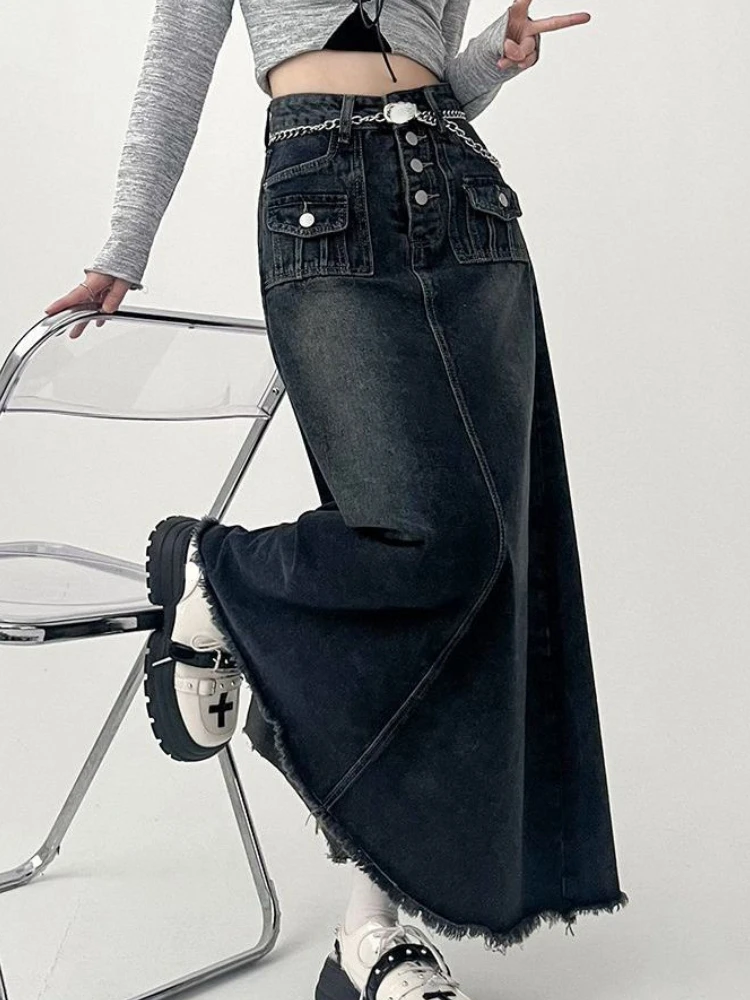

Pure Color French Vintage Skirt Women Button Causal Sweet Party Long Skirt Female Pockets Korean Fashion Denim Skirt 2023 Autumn
