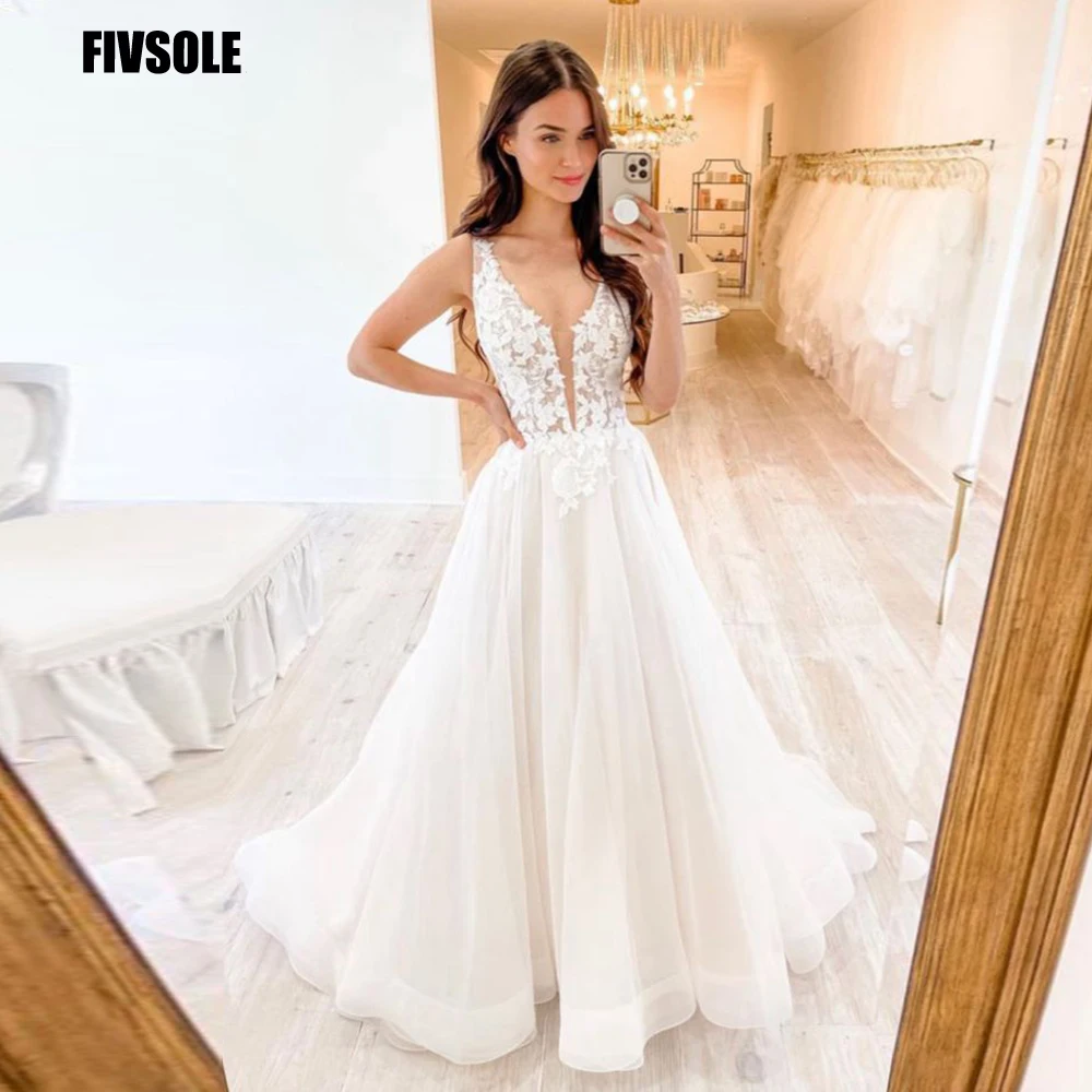 

Fivsole Exquisite A-Line Tulle Wedding Dresses For Women V-neck Bride Robe Boho Bridal Gown Lace Appliques New Vestidos De Novia