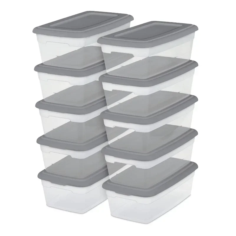 

Sterilite Set of (10) 6 Qt. Clear Plastic Storage Boxes with Gray Lids