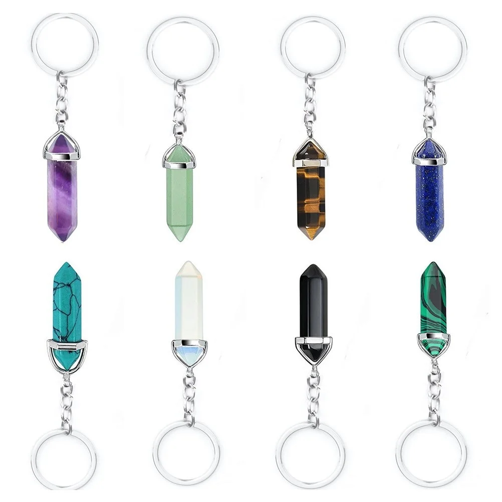 

Natural Stone Hexagonal Prism Key Rings Keychains Healing Pink Crystal Car Decor keys Keyholder for Women Men