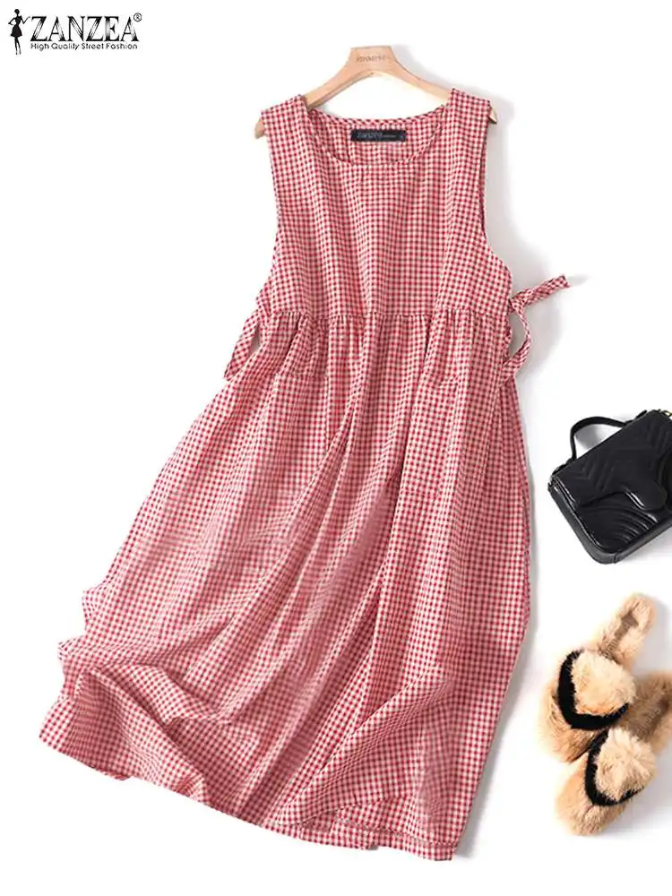 

ZANZEA Casual Plaid Midi Dress Women Round Neck Sleeveless Side Straps Checked Tank Dress 2023 Summer Fashion Pockets Sundress