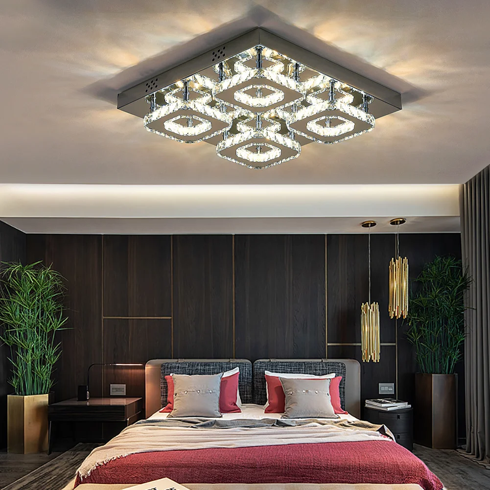 KOMORE Square Multiple-size Glamourous Crystal LED Ceiling Light, Cool White / Stepless Dimming for Office, Living Room, Bedroom