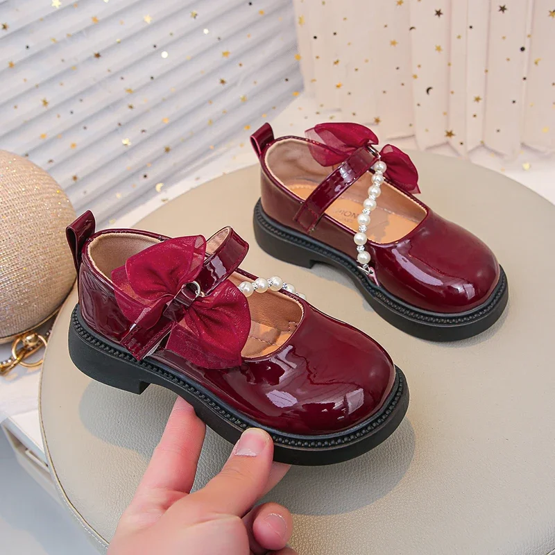 Wine Red Leather Kids Party Shoes with Bowknot