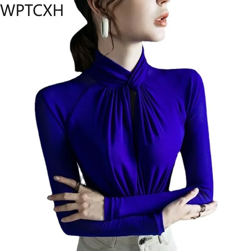 

Sexy Elastic Gauze Tops Women Bottoming Shirt Hollow-out Design Long Sleeve Tee Office Ladies Clothes Autumn Winter 2024 New