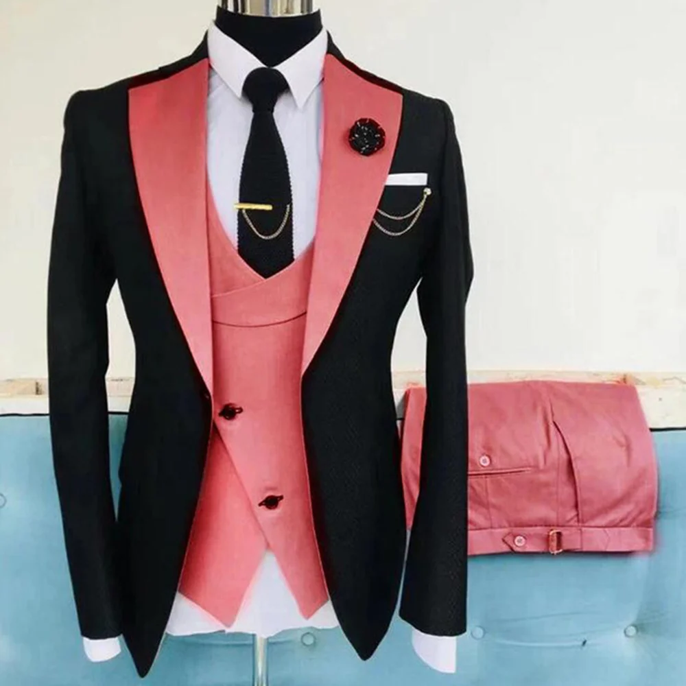 

Men Suits Blazer Trousers Slim Fit Business Groom Black Pink Serge Fabric Tuxedo Formal Wedding Clothing 3Pcs Jacket Pants Vest