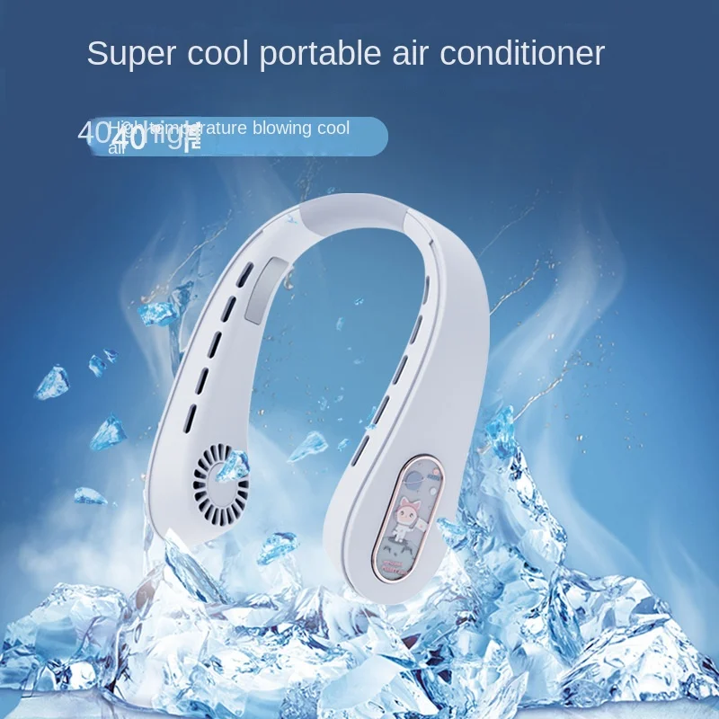

4000MAH Large Capacity Neck Hanging Fan Outdoor Sports Leaf Less Neck Hanging Fan USB Charging Portable Cartoon Turbine Fan