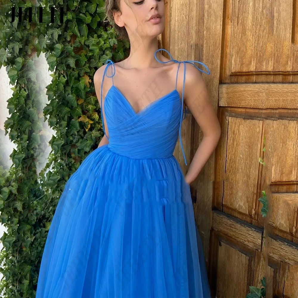 

JEHETH Elegant Evening Dresses For Women Luxury Spagehtti Straps V-Neck Sleeveless Prom Gown Tulle A-Line vestidos de noche