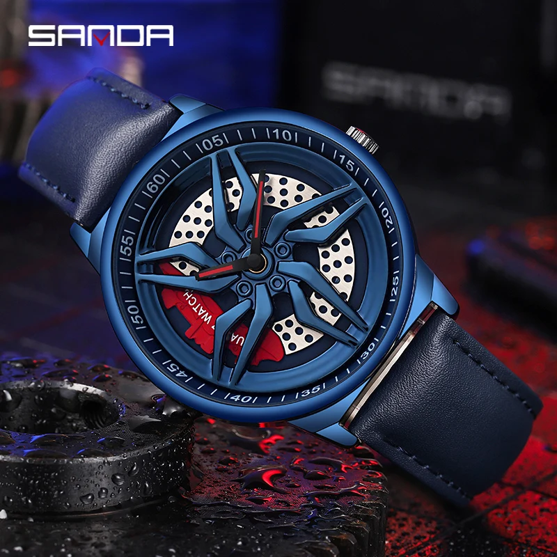 SANDA Fashion Trend Watch Mens Racing Watch 360° Rotating Dial Design Waterproof Wear Resistant Genuine Leather Strap Shockproof