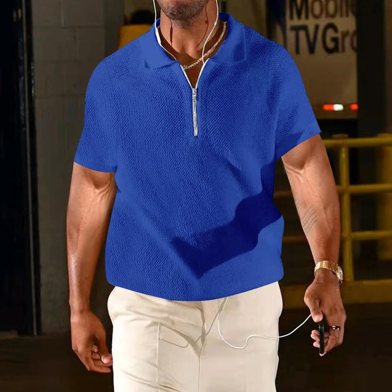 

Men's Plus Size Summer Outdoor Short Sleeve T-shirt Solid Color Polo Neck Zipper Casual Street Brand High Quality Top