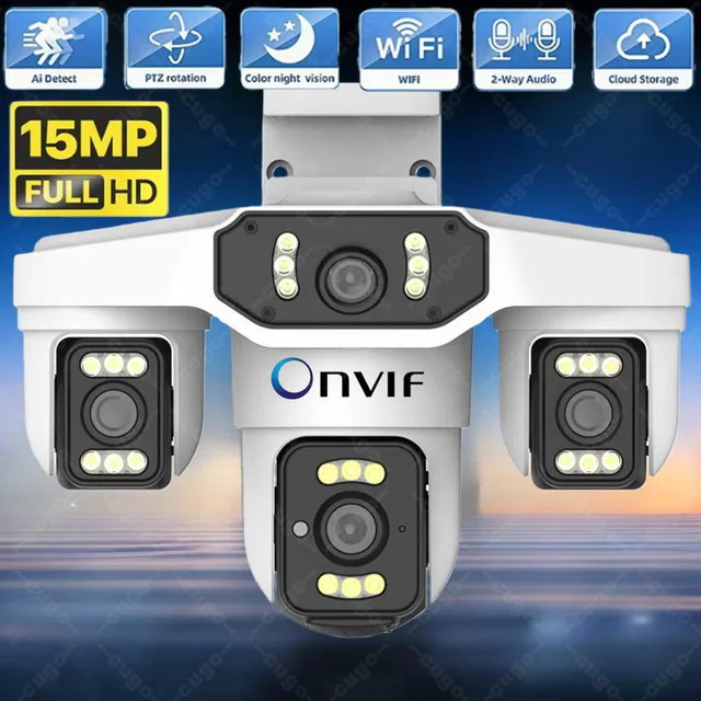 Caméra de sécurité WIFI 8K 15MP, trois écrans, caméra extérieure, quatre objectifs, détection humaine par IA, étanche, caméras vidéo IP CCTV, Onvif Yoosee 1
