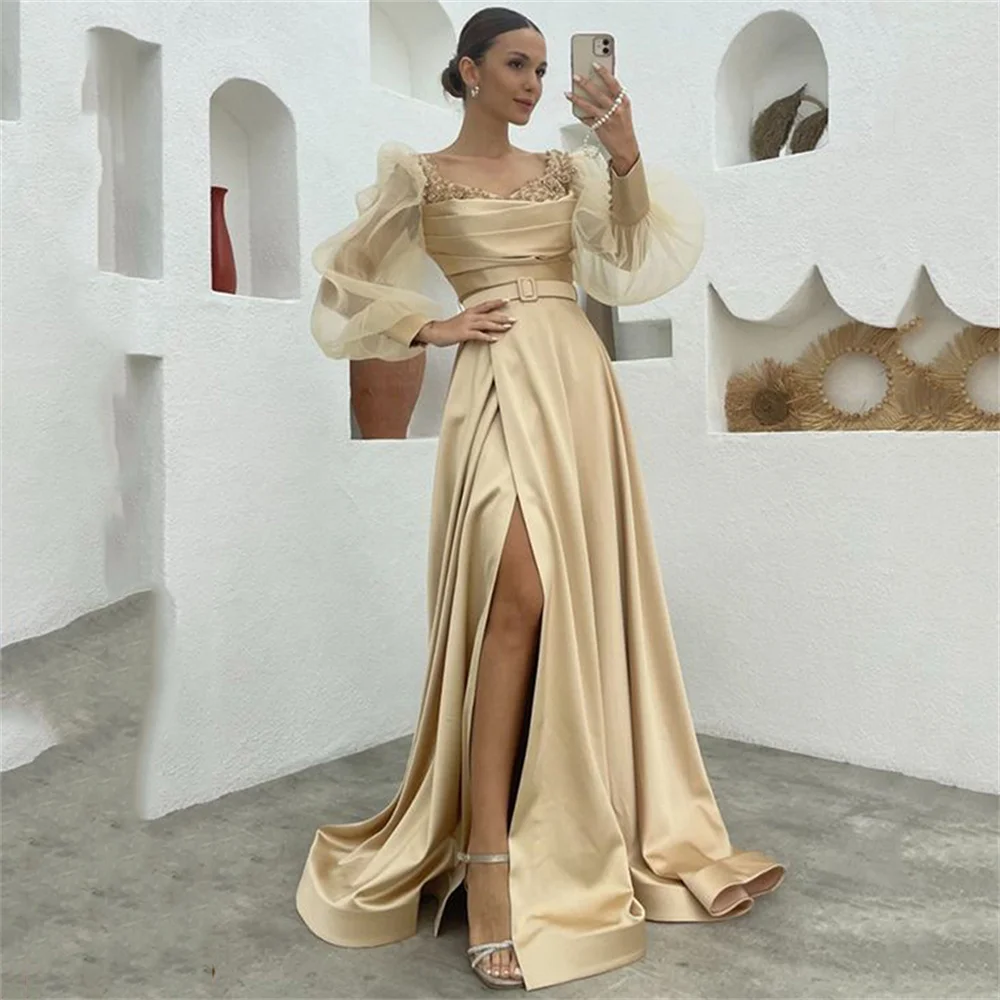 

Lily Champagne Lace Appliques Formal Evening Dresses Long Puff Sleeve Pleat Prom Dress Side Split New Celebrity Party Gowns