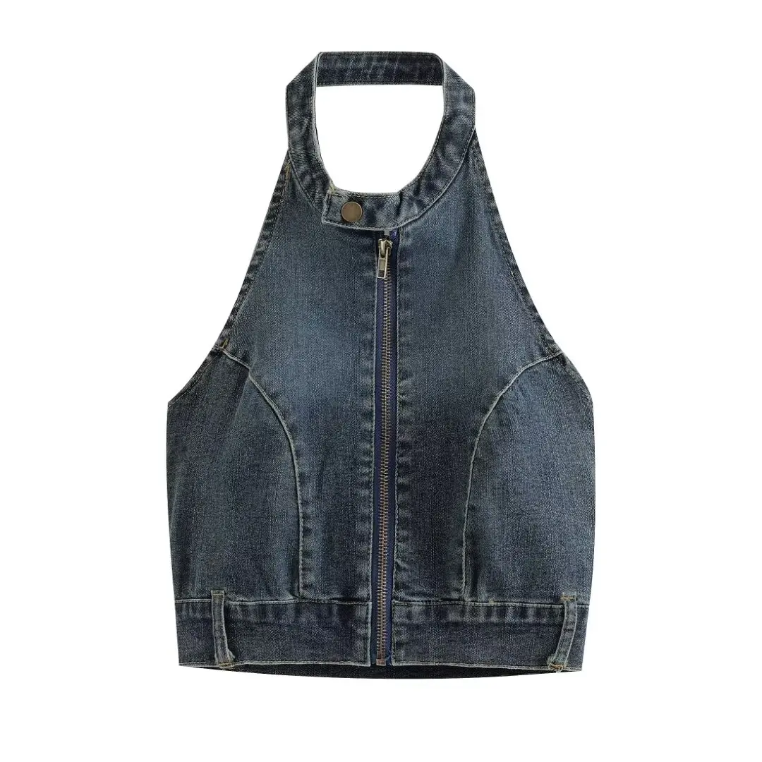 

Women's 2024 New Fashion Zipper Decoration Short denim Hanging Neck Top Retro Sleeveless Open Back Women's Tank Top Chic Top