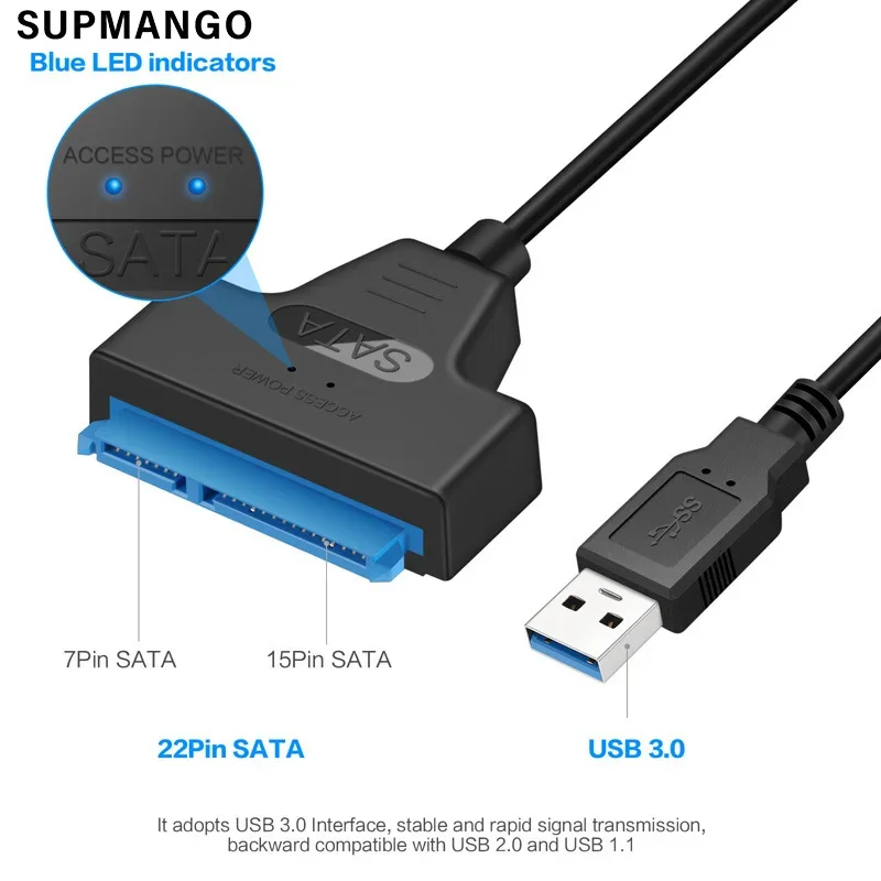 SATA To USB 3.0 / 2.0 Cable For 2.5 Inch External HDD SSD Hard Drive SATA 3 22 Pin Adapter USB 3.0 To Sata III Cord Up to 6 Gbp sata to usb cable sata to usb adapter sata to usb adapter cable sata adapter cable usb adapter cable usb cable adapter conversion cable adapter