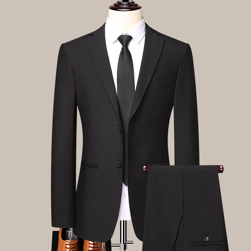 

Lansboter Black Men's Suit Set Business Solid Color Simple Korean Version Slim Fit Formal Dress Professional Wedding