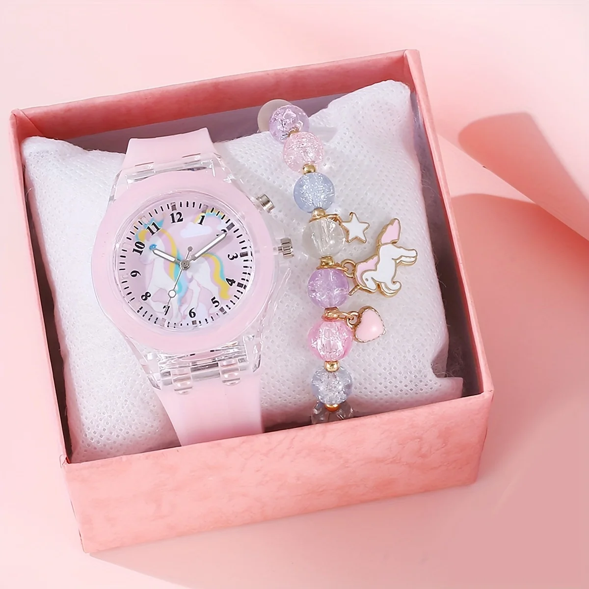 1/2pcs/set, 1pc Girls Light LED Luminous Cartoon Unicorn Quartz Wristwatch & 1pc Beaded Bracelet, Ideal choice for Gifts 4