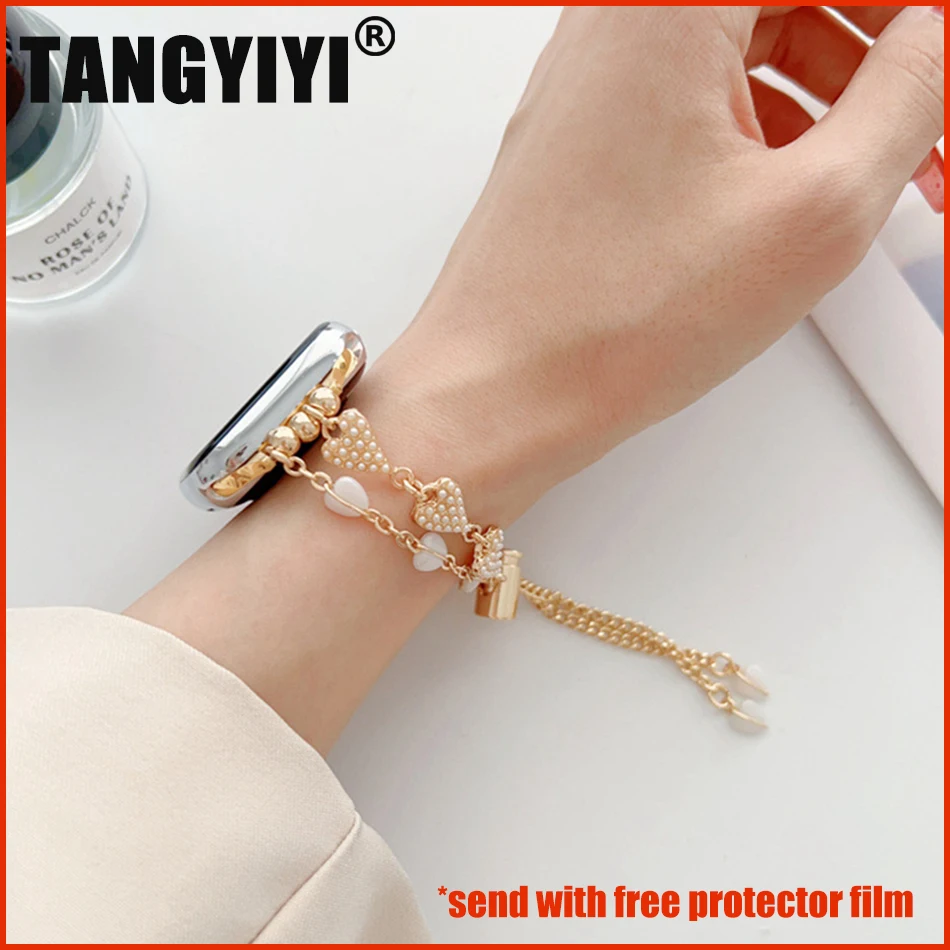 

Luxury INS Pearl Love Metal Strap For Apple Watch Ultra 49mm iWatch Series 7 8 6 SE 5 38/40/41mm 42/44/45mm Watch Band Bracelet