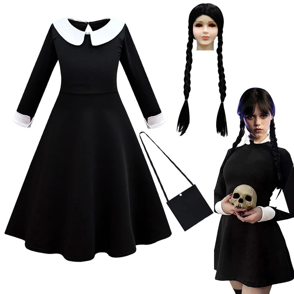 Kids Wednesday Addams Family Costume Cosplay Addams Printing Dress Wig Girls Vintage Gothic Outfits Halloween Role Play Abbigliamento