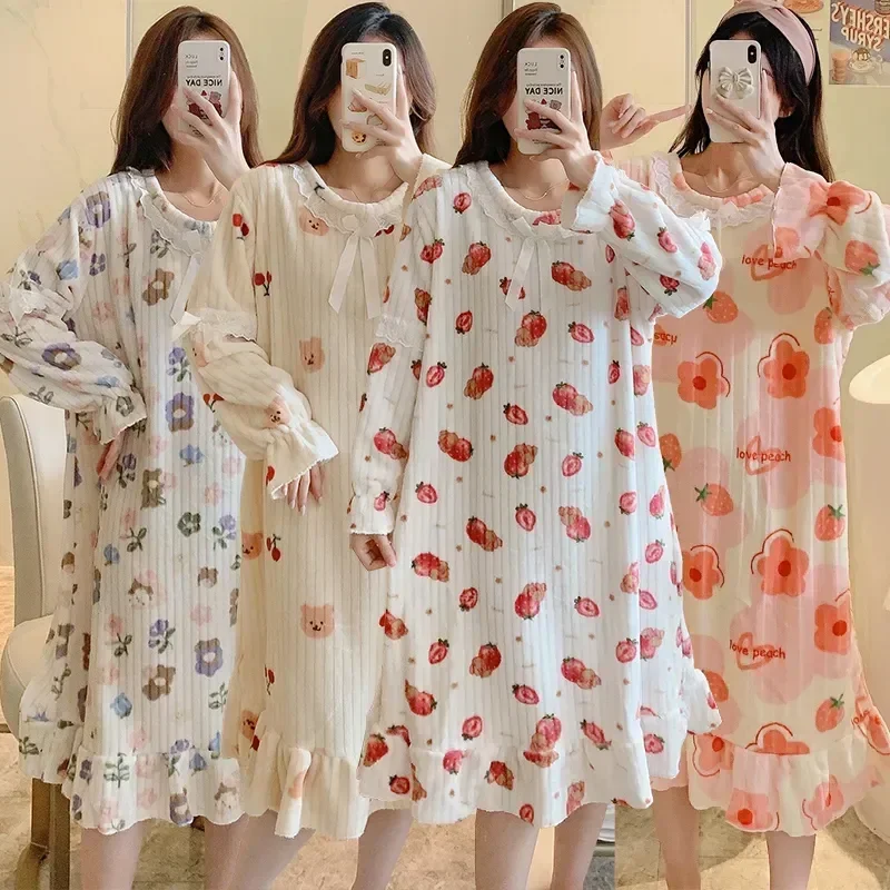 

5XL Flannel Plus Velvet Coral 2023 Cute for Sleeve Nightdress Size Women Long Night Winter Warm Thick Dress Sleepwear Nightgowns
