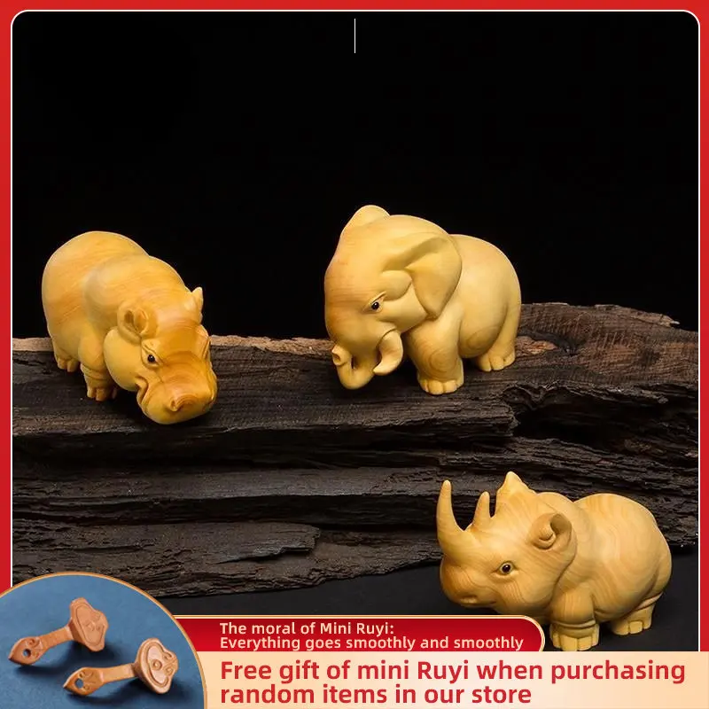 

Cliff Cypress Wood Carving【Bring Wealth Lucky-Rhinoceros elephant hippopotamus】Originality Home Decoration Sculpture Modern Arts
