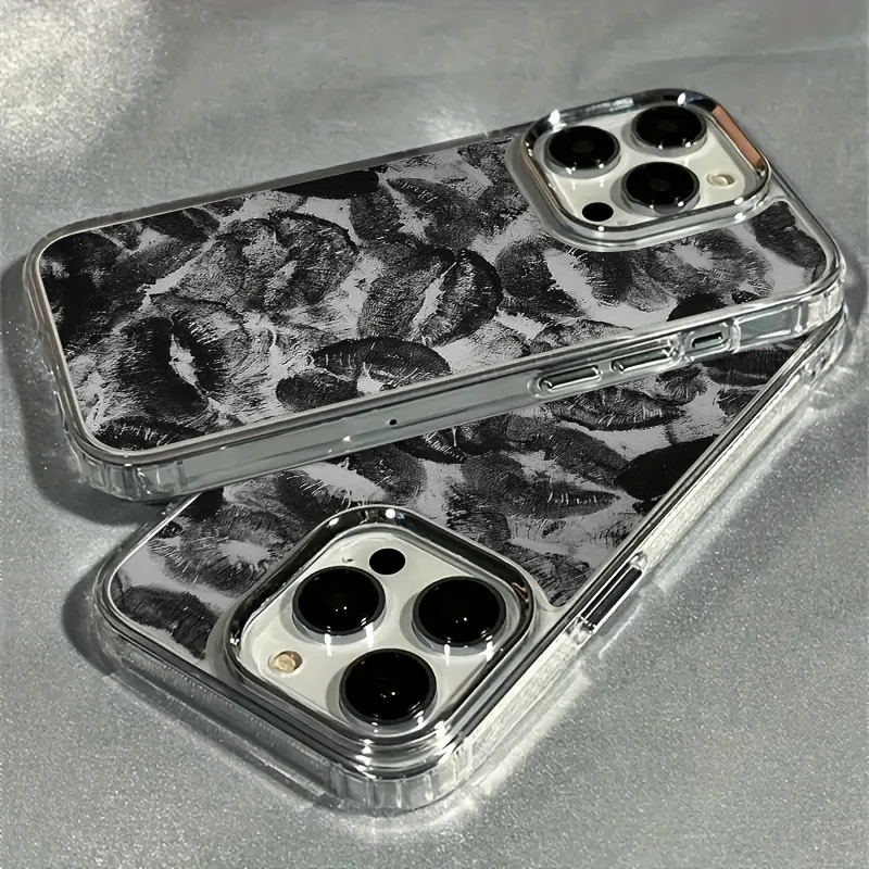 Electroplated Lens Frame Clear Phone Case with Black Lip Print Design