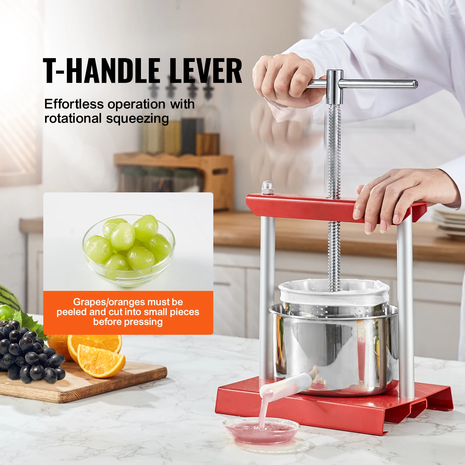 VEVOR Fruit Wine Press, 1.6 Gallon/6L, 2 Stainless Steel Barrels, Manual Juice Maker, w/ T-Handle for Outdoor, Kitchen, and Home 3