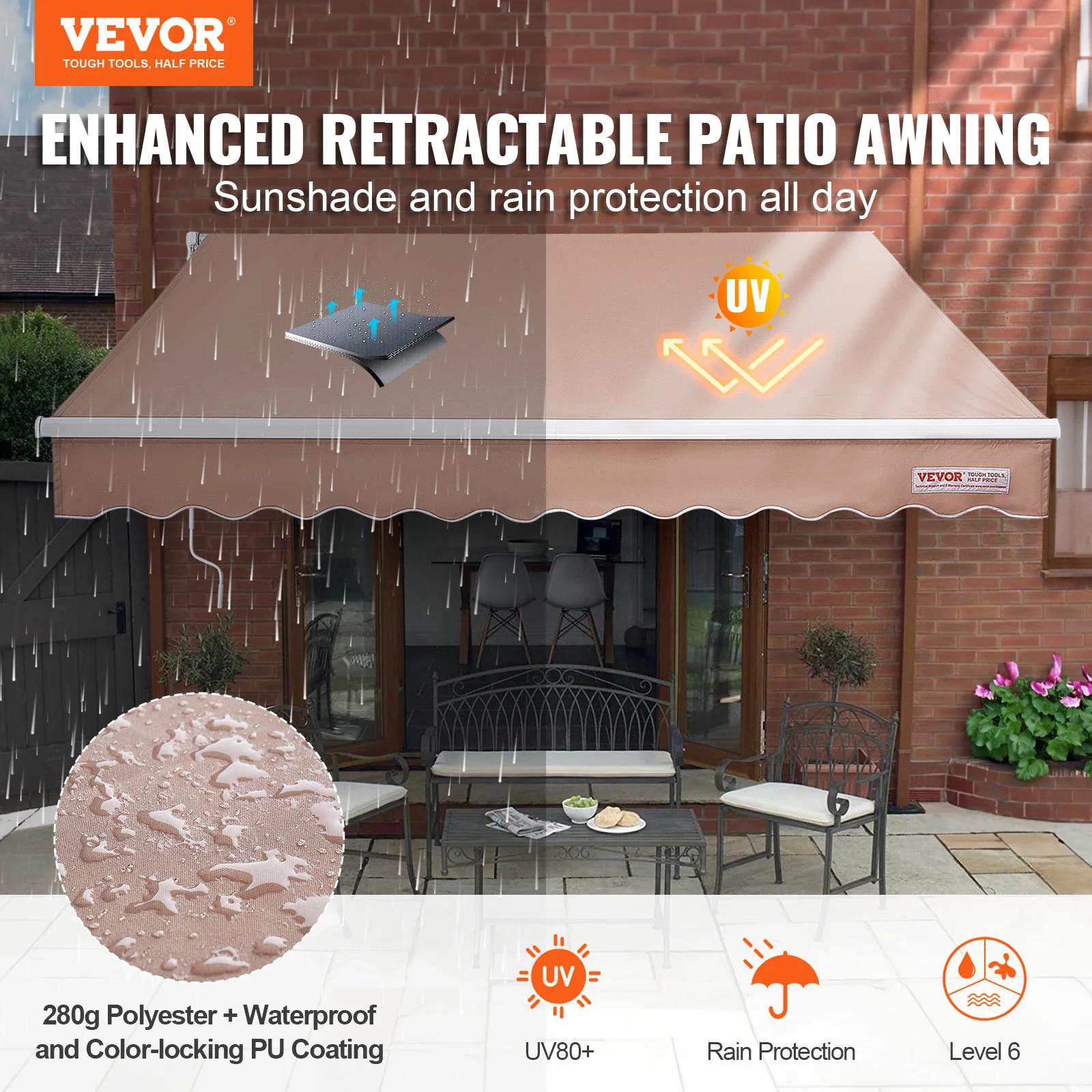 VEVOR Manual Retractable Awning Outdoor Awning Retractable Sun Shade Water-Resistant Polyester Patio Door Window for Backyard outdoor awnings
