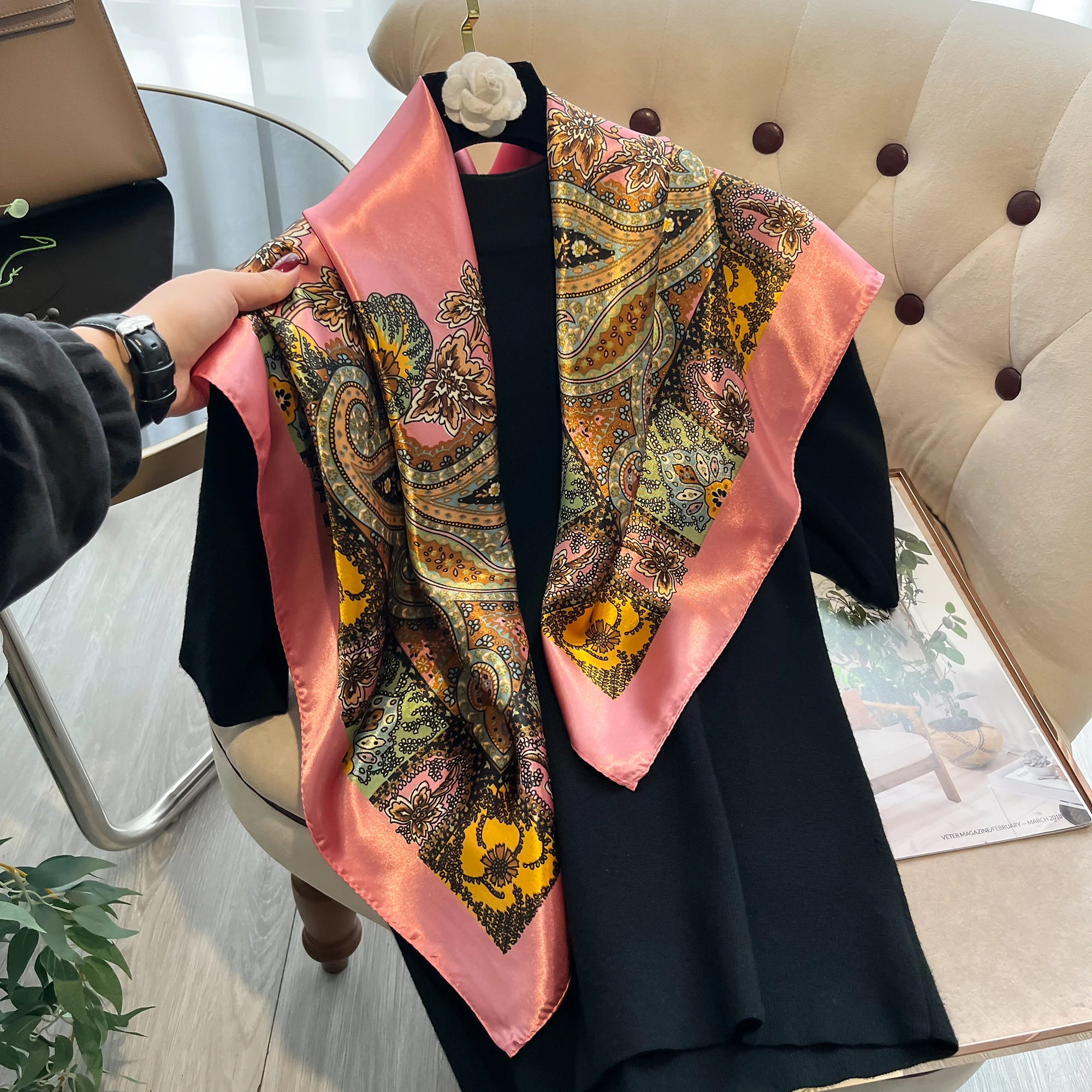 New 90*90cm Women's Square Silk Satin Scarf Flower Printed Shawls Hijab Four Seasons Bandanna Scarves Accessories Hairband Scarf