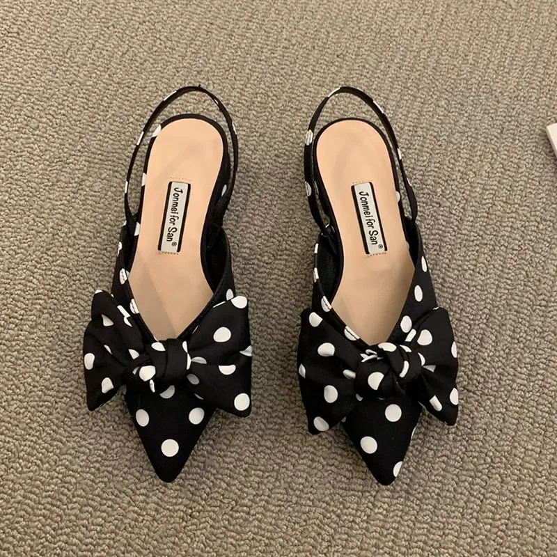 Women's Pumps Fashion Pointed Toe Bowknot Slingbacks Pumps Plaid Polka Dots Heels Slip-on Small Heel Sandals Casual Thin Shoes 3