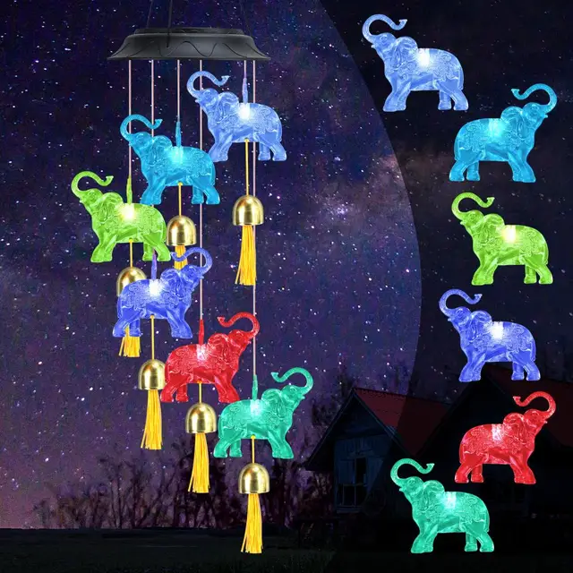 Solar Elephant Wind Chiend Vízálló Led Színváltó Mobil Fény Kültéri Dekoráció A Kerti Terasz Udvarához