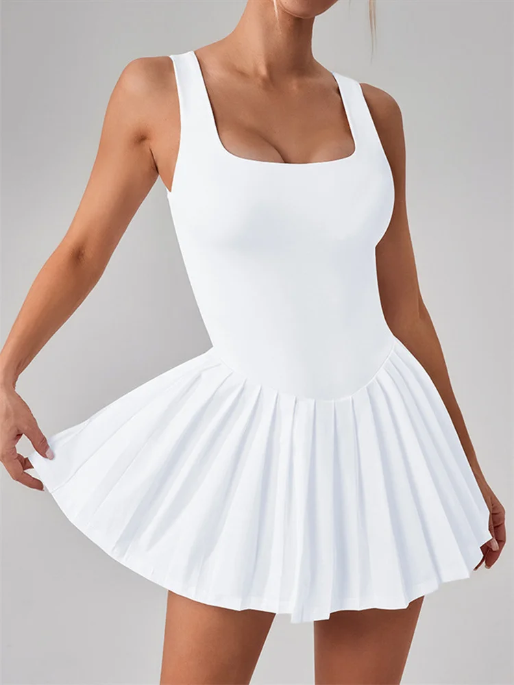 Naked One Piece Tennis Dress with Shorts&Chest Pads Golf Dresses Hollow Out Backless Sleeveless Workout Tight Running Yoga Skirt