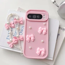 Elegant Bowknot Faux Pearl Chain Phone Case with Short Strap Lanyard - Pixel 7 Pro (Pink taiJie)