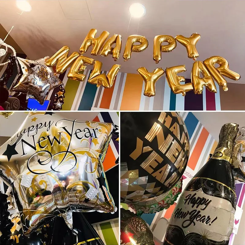 

Happy New Year Decoration Balloons Champagne Bottle Cup Letters Foil Balloon 2024 New Year Air Helium Latex Balls Party Supplies