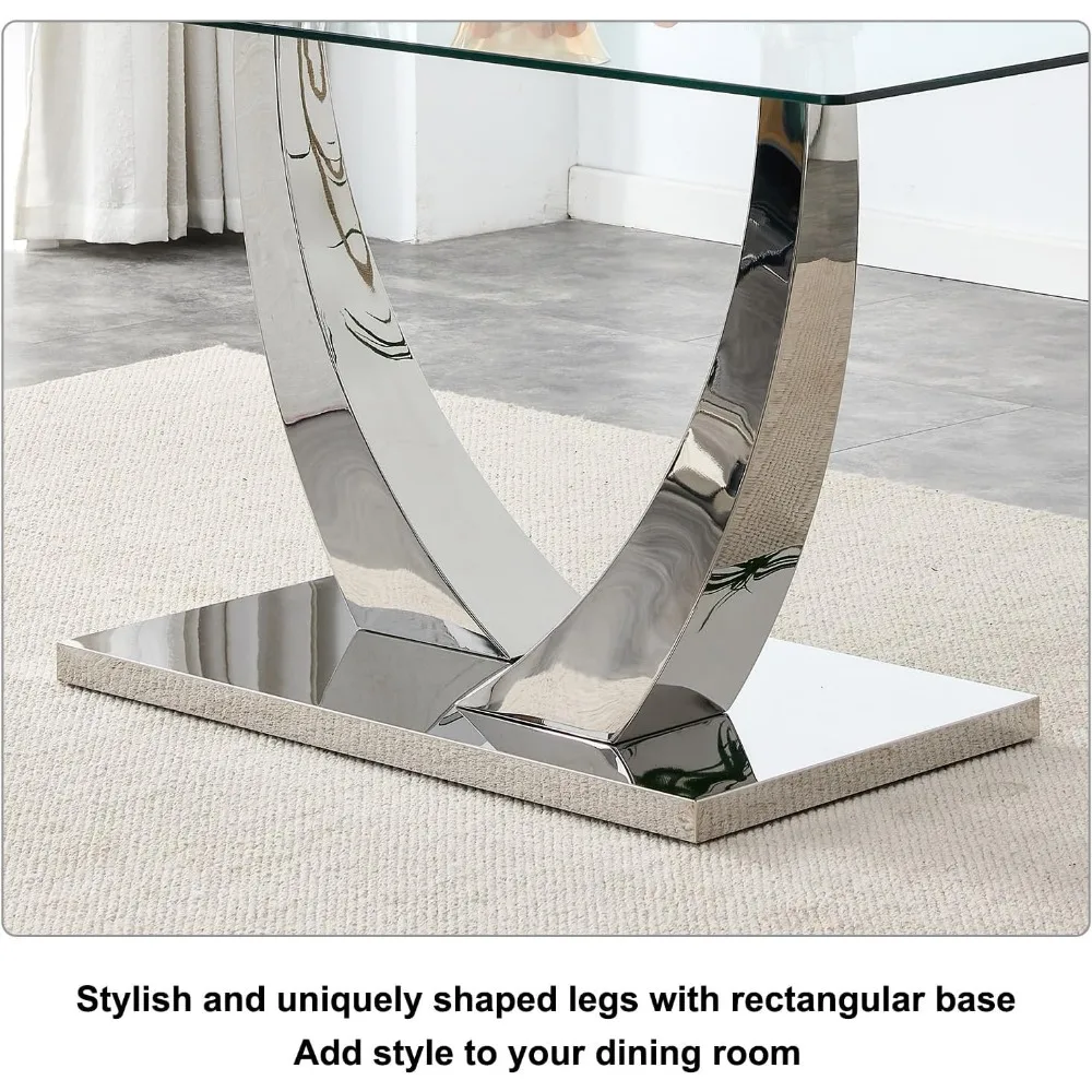 63” Glass Dining Table Set for 6,Modern Dining Room Table Set for 6,Kitchen Table and PU Leather Chairs for 6, Glass Top 4